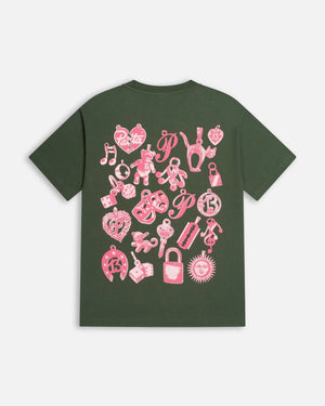 Back of the Patta Charm T-Shirt in Climbing Ivy featuring pink silkscreen charms artwork.