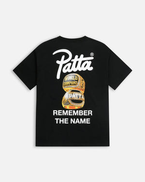Back view of the black Patta Championship T-Shirt featuring graphic championship rings print.