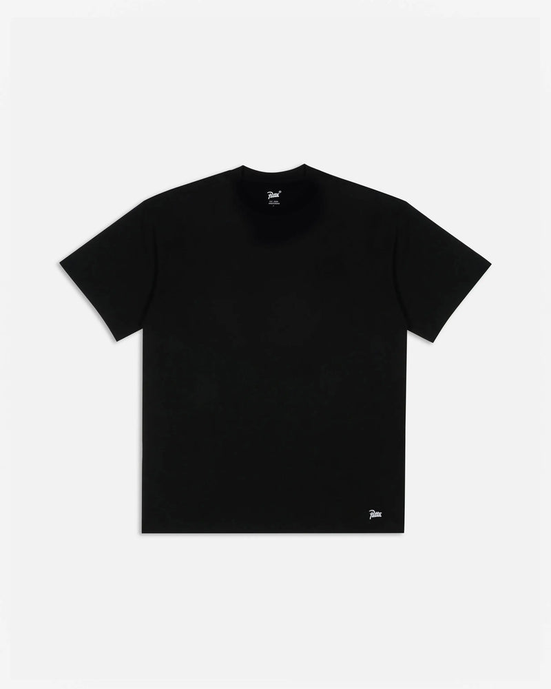 Patta black tubular short-sleeve t-shirt with a white script logo near the bottom hem.